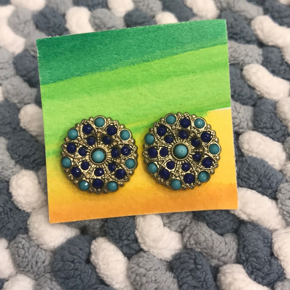 🍬Navy & Turquoise Gold Disk Earrings